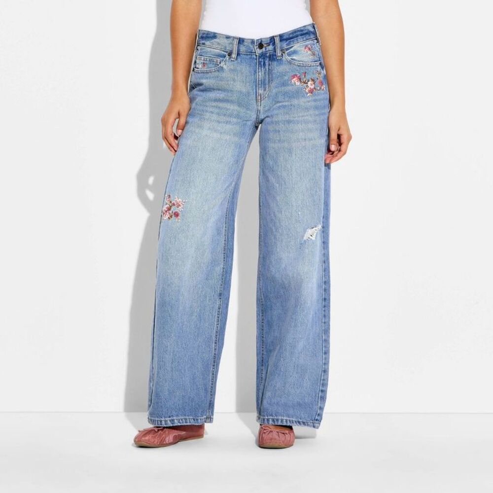 Women's Ultra Low-Rise Baggy Jeans - Wild Fable Medium Wash | Floral Print - Picture 2 of 4